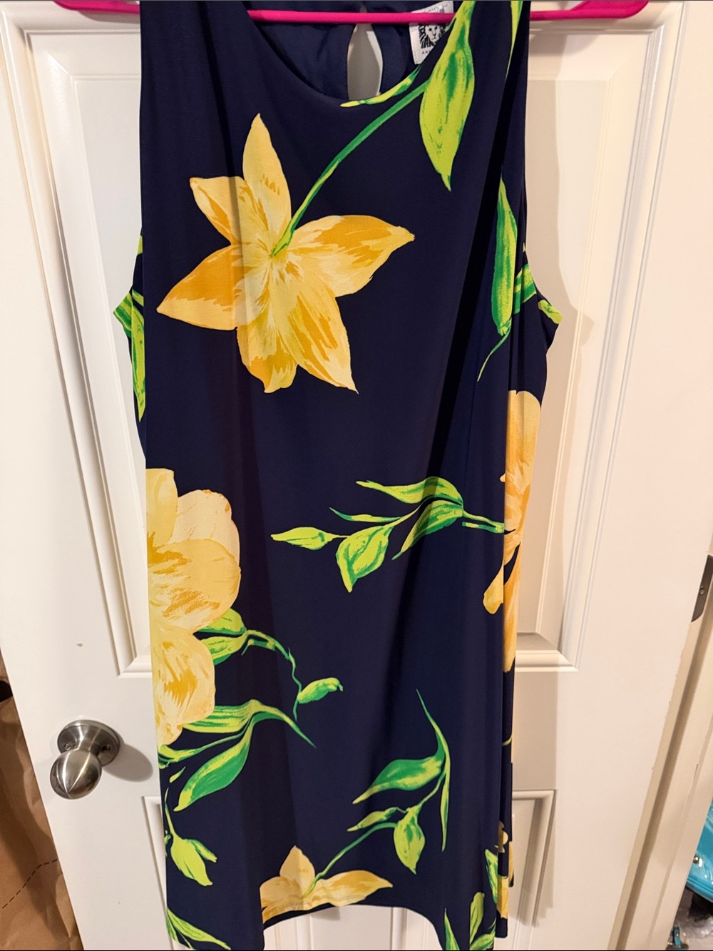 Anne Klein Navy Sleeveless Maxi Dress with Yellow Floral and Green Leaves